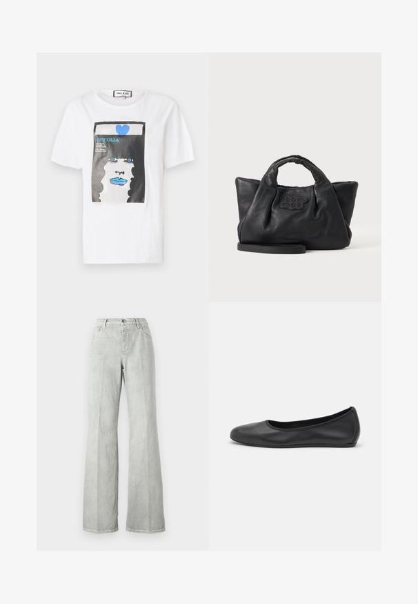 T-shirt en coton blanc avec un imprimé graphique d'un visage aux lèvres et aux yeux bleus, encadré par un bord noir et un détail en forme de cœur bleu.; Jean évasé gris clair, en denim, avec une taille haute, un design à cinq poches et une finition épurée avec des détails de couture minimalistes.; Ballerines en cuir noir avec un bout rond, texture lisse, détails de couture minimalistes et design de semelle flexible.; Sac à main en cuir souple noir avec de courtes poignées, une bandoulière amovible et un logo cousu à l'avant, sur un fond uni clair.