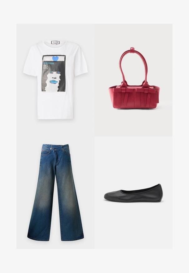 Witte katoen t-shirt met een grafische print van een gezicht met blauwe lippen en ogen, omrand door een zwarte rand en blauwe hartdetails.; Wijdgevallen blauwe spijkerbroek van denim, met een licht vervaagde afwerking, zichtbare stiksels, twee voorkanten zakken en een knoopsluiting.; Zwarte leren ballerina met een ronde neus, gladde textuur, minimale stikdetails en een flexibele zoolontwerp.; Rode leren handtas met twee bovenhandvatten, decoratieve strikken aan de voorkant en een label aan de zijkant tegen een witte achtergrond.
