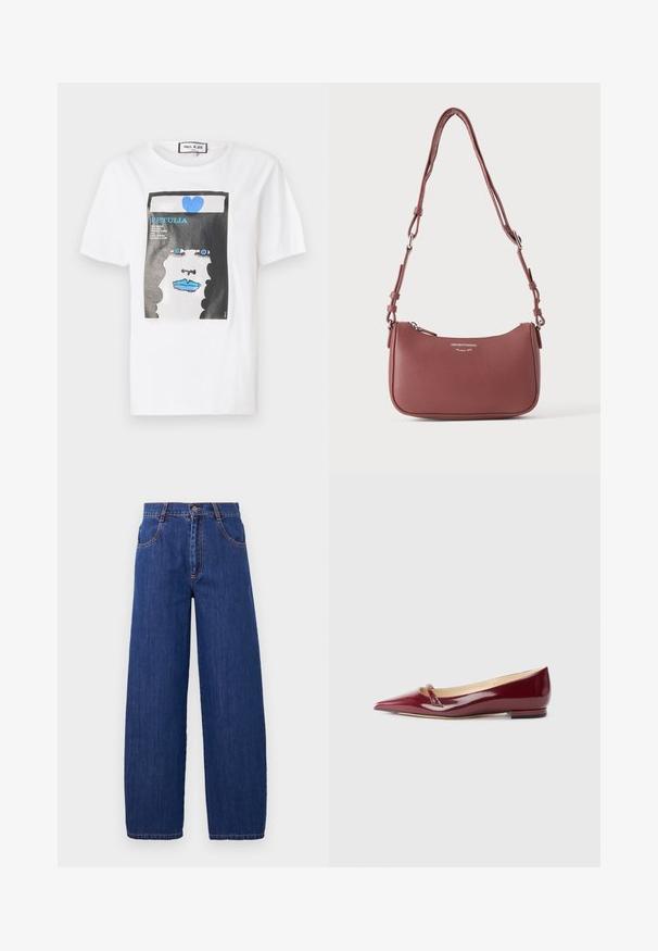 Weißes Baumwoll-T-Shirt mit einem grafischen Druck eines Gesichts mit blauen Lippen und Augen, umrahmt von einem schwarzen Rand und einem blauen Herzdetail.; Weite blaue Denim-Jeans mit hoher Taille, vorne mit Taschen und orangefarbener Naht. Der Stoff hat eine glatte Textur mit einem klassischen Finish.; Burgunderfarbene Lacklederballerinas mit spitzem Zehenbereich, ausgestattet mit einem kleinen Ausschnitt und einem niedrigen Absatz. Glatte Textur und elegantes Design.; Kleine strukturierte mauvefarbene Lederschultertasche mit verstellbarem Riemen und silbernem Reißverschluss, vorne mit Emporio Armani Milano 1981 Logo.