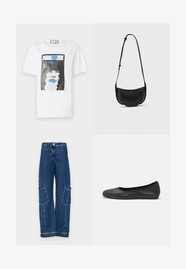 Weißes Baumwoll-T-Shirt mit einem grafischen Druck eines Gesichts mit blauen Lippen und Augen, umrahmt von einem schwarzen Rand und einem blauen Herzdetail.; Blaue Denim-Cargohosen mit hoher Taille, weitem Bein, zwei großen Seitentaschen sowie traditionellen Nieten- und Stichdetails.; Schwarze Leder-Ballettschuhe mit abgerundeter Spitze, glatter Textur, minimalen Nähdetails und einem flexiblen Sohlen-Design.; Schwarze, halbmondförmige Umhängetasche aus Leder mit verstellbarem Riemen und kleinem goldenem Logo in der Mitte vorne.