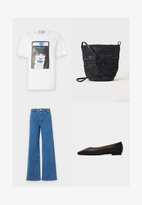 Witte katoen t-shirt met een grafische print van een gezicht met blauwe lippen en ogen, omrand door een zwarte rand en blauwe hartdetails.; Brede blauwe denim jeans met een hoge taille, voorzakken en een knoopsluiting. De stof heeft een gladde textuur en een klassiek stikselpatroon.; Zwarte leren puntschoen met lage hak en gladde afwerking, zijaanzicht op een lichtgrijze achtergrond.; Zwarte geweven bucketbag met lange band en een patroon met textuur op een effen achtergrond.