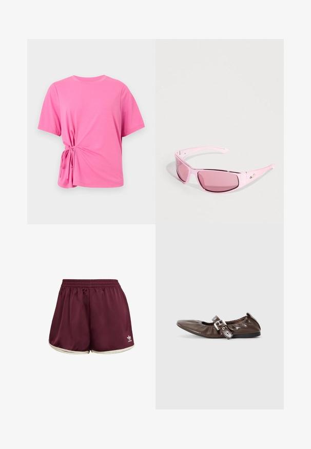 Lyhythihainen, vaaleanpunainen t-paita pehmeästä kankaasta, jossa vasemmalla sivulla solmimisyksityiskohta kerrostetun ilmeen luomiseksi.; adidas Originals SPRINTER - Shortsit - maroon cream white; Ruskeata kiiltonahkaa oleva tasapohjainen kenkä, jossa on terävä kärki, joustava rusettiyksityiskohta ja hopea solki sivulla. Musta kumipohja.; Vaaleanpunaiset aurinkolasit, joissa on vaaleanpunaiset kehykset, tummanpunaiset sävytetyt linssit, ohuet sankat ja pieni metallinen koru sivulla.