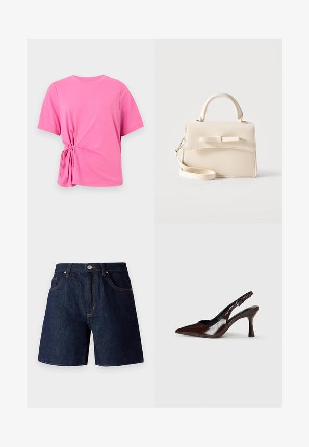 T-shirt à manches courtes rose en tissu doux, présentant un détail de nœud sur le côté gauche pour un effet froncé.; Shorts en denim bleu foncé avec des coutures contrastantes orange. Comprend cinq poches, une fermeture à bouton et un design à jambes droites.; Talons slingback en cuir verni brun avec un bout pointu, un talon fin, et une sangle réglable avec une petite boucle.; Petit sac à main beige avec poignée supérieure, bandoulière amovible, rabat avant et nœud horizontal décoratif sur un fond uni.