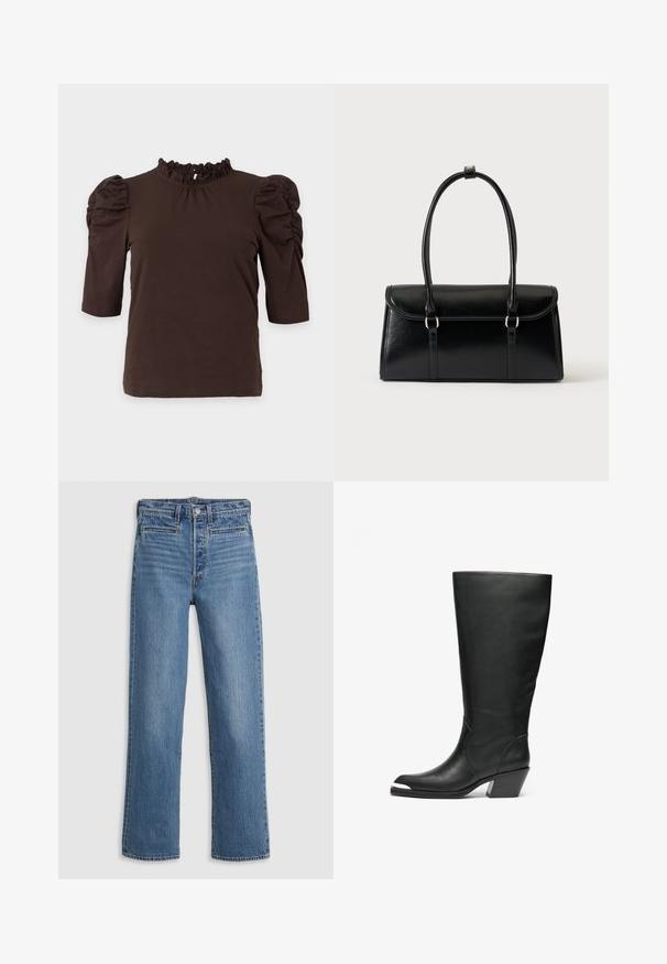 Mørkebrun top med korte ærmer med opsamlede puff-ærmer og flæset høj hals, vist på en ensartet lys baggrund.; Lys blå, lige ben jeans lavet af denim. Funktioner inkluderer en knaplukning, fem lommer og diskret slid. Ingen udsmykninger eller mønstre.; Høje sorte læderstøvler med lukket tå og udskåret design. Har en kraftig hæl og en glat overflade. Bemærkelsesværdig detaljering på sidepanelet.; Sort rektangulær læderhåndtaske med klaplukning og to lange håndtag mod en ensfarvet hvid baggrund.