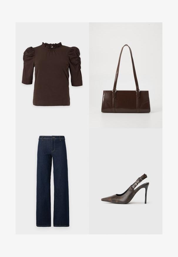 Haut marron foncé à manches courtes avec manches bouffantes froncées et col montant volanté, présenté sur un fond clair uni.; Jean large en denim de couleur bleu foncé avec un design classique à cinq poches, présenté avec des coutures dorées et une fermeture à bouton à la taille.; Chaussure à talon haut slingback en cuir marron, à bout pointu, avec une sangle réglable et un talon aiguille noir sur fond uni.; Sac à main en cuir verni marron de forme rectangulaire, avec deux longues poignées et des accents courbés subtils à l'avant.