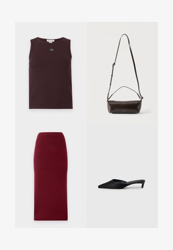 Bordeauxrode mouwloze top van geribbelde stof, met een zwart logo-label, ronde halslijn en een aansluitend model. Soepele textuur en nette afwerking.; Bordeaux gebreide midi-rok met een aansluitende silhouette, gladde textuur en een tailleband. Geen zichtbare naden of patronen. Effen kleur door het hele stuk.; Zwarte suède muilen met een spitse neus en een lage hak. Heeft een gladde textuur en een open achterkant voor gemakkelijk aan- en uittrekken. Eenvoudig ontwerp zonder patronen.; Kleine glanzende donkerbruine leren schoudertas met verstelbare riem, bovenhandvat en gouden ritssluiting.