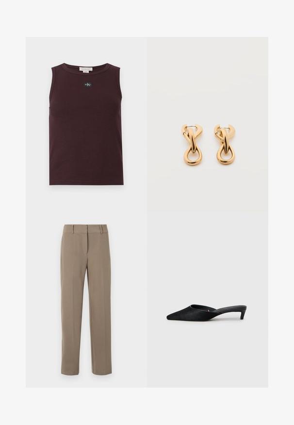 Haut sans manches bordeaux en tissu côtelé, avec un patch logo noir, un col rond et une coupe ajustée. Texture lisse et finition soignée.; Pantalon kaki droit avec passants de ceinture et fermeture éclair frontale sur fond blanc.; Mules en daim noir avec un bout pointu et un petit talon. Caractéristiques d'une texture lisse et d'un dos ouvert pour un enfilage facile. Design simple sans motifs.; Paire de boucles d'oreilles créoles en bouclettes dorées brillantes sur fond blanc uni, présentant un design torsadé entrelacé.