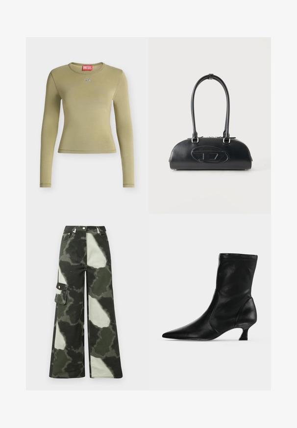 Top ajusté à manches longues vert olive avec encolure ronde et petit logo métallique sur la poitrine sous l'étiquette de la marque DIESEL.; Pantalon cargo à jambe large en camouflage vert foncé et gris clair. Caractéristiques : poche latérale et bouton en métal, fabriqué en coton durable.; Botte mi-mollet en cuir noir avec bout pointu et petit talon kitten, vue de profil sur un fond clair uni.; Sac à main en cuir noir avec longues poignées doubles et logo ovale embossé sur le devant, présenté sur un fond clair uni.