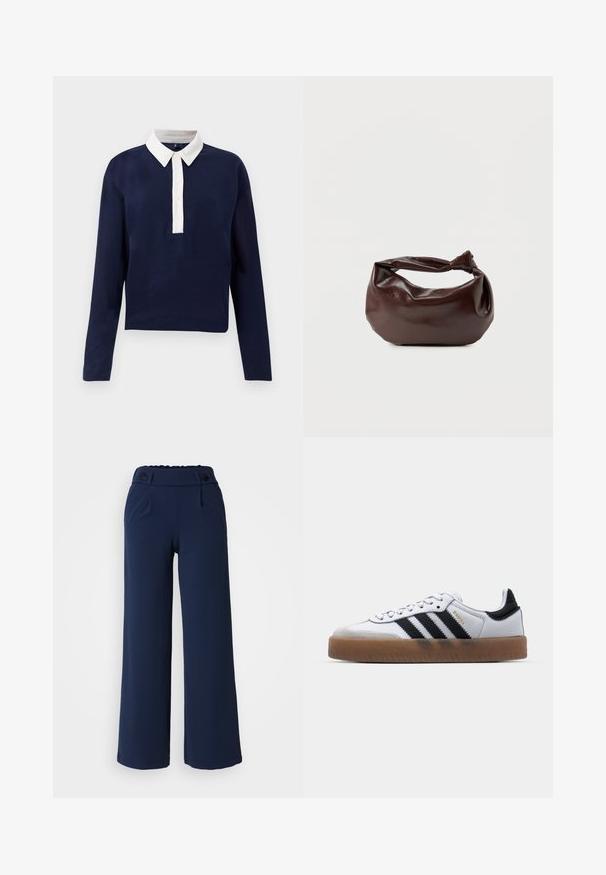 Marineblauwe pullover met lange mouwen, een witte kraag en een knoopsluiting. Gemaakt van zachte stof, ontworpen voor een ontspannen pasvorm.; Navy wijde pijpenbroeken van zachte stof; met platte voorkant, twee zijzakken en dubbele knoopsluiting in de taille.; Witte leren sneakers met zwarte strepen, gumrubberen buitenzool, ronde neus, vetersluiting en een zachte grijze suède neuskap.; Donkerbruine leren schoudertas met een zachte, slungelige vorm en een gedraaide knoopvormige handgreep op een effen witte achtergrond.