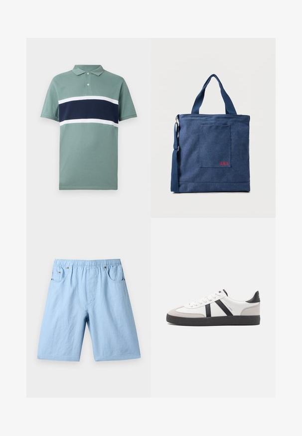 Polo à manches courtes en vert atténué avec des rayures horizontales bleu marine et blanches sur la poitrine et un col à deux boutons.; Shorts bleu clair avec une taille élastique, deux poches avant et une texture lisse. Fabriqués à partir d'un tissu doux, adaptés à un usage décontracté.; Baskets blanches avec des accents noirs et gris, présentant un embout texturé gris, une semelle en caoutchouc noir et des lacets plats blancs. Design épuré, style minimaliste.; Sac fourre-tout en toile bleue avec poche frontale et broderie rouge "O.N.S", doté de doubles poignées et d'une bandoulière réglable.