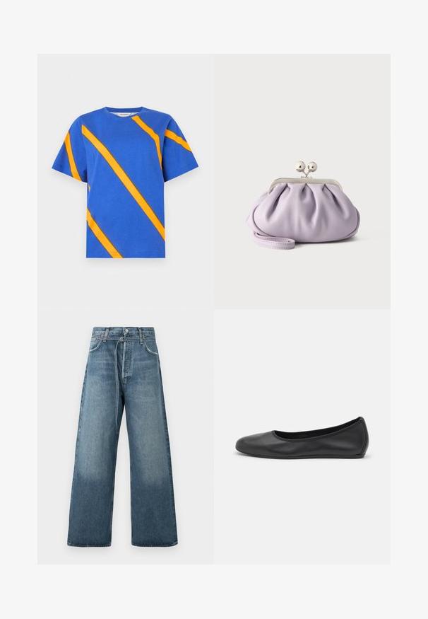 T-shirt bleu à manches courtes avec col rond et larges rayures diagonales orange sur le devant et les manches.; Jeans évasés bleu en délavé, fabriqués en denim avec des accents de couture visibles et une fermeture à bouton à la taille.; Ballerines en cuir noir avec un bout rond, texture lisse, détails de couture minimalistes et design de semelle flexible.; Pochette lavande douce avec tissu froncé, fermoir kiss-lock argenté et bracelet assorti sur un fond clair uni.