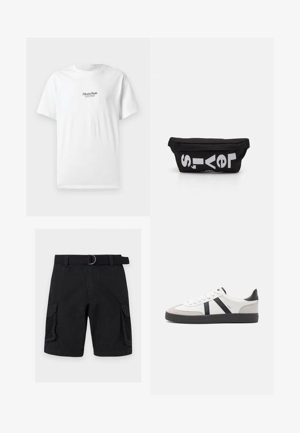 T-shirt en coton blanc à manches courtes, arborant le texte "Palmiera Pantó" et "VENICE BEACH" en écriture noire sur le devant.; Short cargo noir avec poches latérales à rabat et panneaux en mesh, équipé d’une ceinture en tissu noire assortie avec une boucle double anneau.; Baskets blanches avec des accents noirs et gris, présentant un embout texturé gris, une semelle en caoutchouc noir et des lacets plats blancs. Design épuré, style minimaliste.; Sac en tissu noir de forme plate, avec un texte blanc en gras. La fermeture éclair est située en haut, avec un détail en boucle sur un côté.