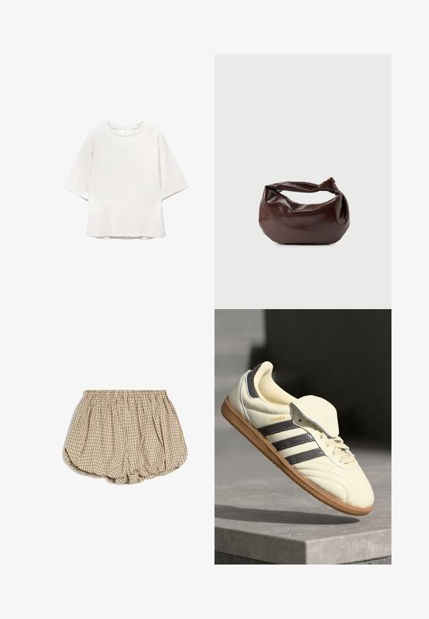 T-shirt blanc à manches courtes, col rond, avec des manches raglan et des détails de couture discrets sur le devant et les épaules, posé à plat sur un fond blanc.; Culottes à taille élastique beige et noire à carreaux, avec un tissu froncé et volumineux et une silhouette arrondie en forme de ballon sur fond blanc.; Baskets en cuir crème avec trois bandes sombres, une semelle extérieure en gomme marron et un bout arrondi. Présentent une languette pliable étiquetée "SAMBA."; Sac bandoulière en cuir marron foncé avec une forme souple et décontractée et une anse nouée torsadée sur un fond blanc uni.