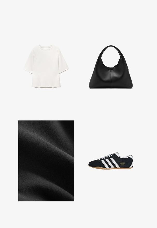T-shirt blanc à manches courtes, col rond, avec des manches raglan et des détails de couture discrets sur le devant et les épaules, posé à plat sur un fond blanc.; Tissu noir avec une texture lisse et mate, montrant des variations subtiles d'ombre et de fibres, drapé pour révéler des courbes douces et de la profondeur.; Sneakers en suede noir avec trois bandes blanches, logo doré et semelle en caoutchouc marron. Présente un design à lacets à profil bas.; Sac à main en cuir noir texturé avec une seule anse courbée et un corps large en forme de croissant.