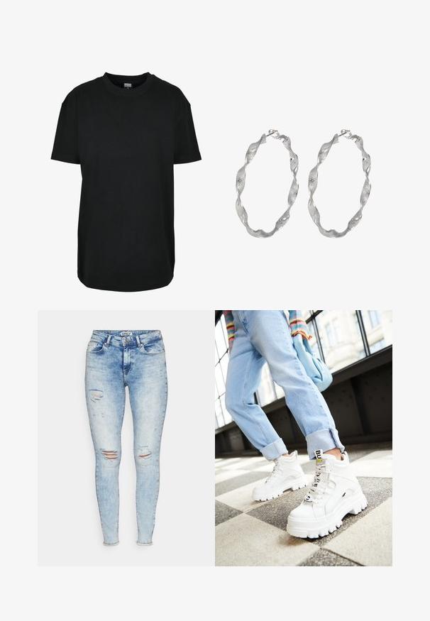 Sort kortærmet T-shirt med rund hals i størrelse XS med "Urban Classics" mærke inde i kraven.; Lysblå denim skinny jeans med slidte detaljer og flossede kanter. Klassisk fem-lomme design med lynlås og knaplukning.; Hvide klodsede sneakers med tykke såler, snørebånd foran og mærkeflag. Båret med lyseblå jeans med opsmøg på et mønstret gulv.; Sølv hoop øreringe med et snoet design, der har en tekstureret overflade og en sikker lås. Letvægts og reflekterende med en glat finish.