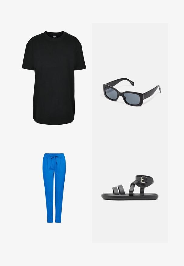Schwarzes T-Shirt mit kurzen Ärmeln und Rundhalsausschnitt in Größe XS mit dem Etikett "Urban Classics" innen am Kragen.; Blaue Jogginghose aus weichem Stoff, mit einem elastischen Bund und Kordelzug, zwei Fronttaschen und einem schmal zulaufenden Bein.; ONLY SHOES by Zalando ONLMONTANA 2 STRAPY - Riemensandalette - black; Schwarze rechteckige Sonnenbrille mit dunkel getönten Gläsern, dickem Kunstrahmen und breiten Bügeln. Glatte Oberfläche und kantiges Design.