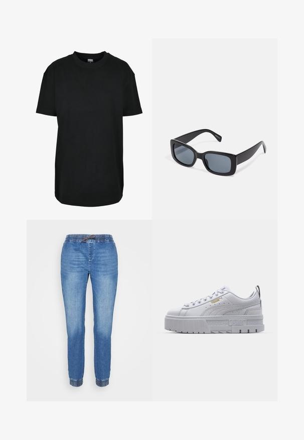 Musta lyhythihainen pyöreäkauluksinen t-paita, koko XS, jossa "Urban Classics" -etiketti kauluksen sisäpuolella.; Vaaleansiniset denim-housut joustavalla vyötäröllä ja nyörillä, joustavat resorit lahkeissa ja hieman haalistunut pesu etureisissä.; Valkoiset platform-tennarit, joissa on sileä nahkainen päällinen, pehmustettu nilkkaosa, harmaa kumipohja ja kultaiset yksityiskohdat, joissa on Puma-logo.; Mustat suorakulmaiset aurinkolasit tummilla tummennetuilla linsseillä, paksu muovikehys ja leveät tempurit. Sileä pinta ja kulmikas muotoilu.