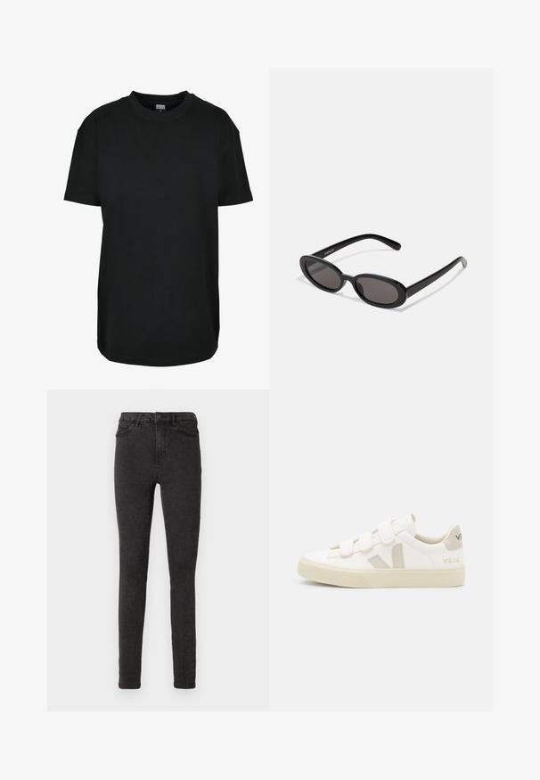 Zwart T-shirt met korte mouwen en ronde hals in maat XS met "Urban Classics" label aan de binnenkant van de kraag.; Zwarte skinny jeans van denim, met een hoge tailleband, vijf zakken en een subtiele textuur. Machinewasbaar met een ritssluiting.; Witte sneakers met klittenbandsluitingen, suède accenten in beige, gestructureerde rubberen zool en een V-logo in grijs. Minimalistisch ontwerp, ronde vorm.; Even&Odd Zonnebril - black