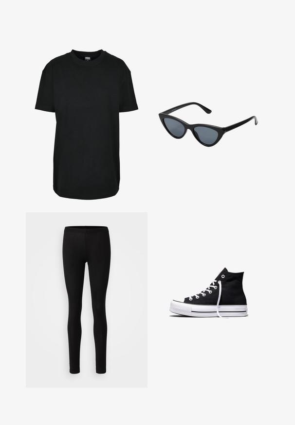 Schwarzes T-Shirt mit kurzen Ärmeln und Rundhalsausschnitt in Größe XS mit dem Etikett "Urban Classics" innen am Kragen.; Schwarze Leggings aus einem weichen, dehnbaren Material. Sie haben eine schlanke Passform mit einem elastischen Bund und einer glatten, matten Textur.; Schwarzer High-Top-Canvas-Sneaker mit weißer Gummisohle und weißen Schnürsenkeln, seitlich dargestellt vor weißem Hintergrund.; Schwarze Cat-Eye-Sonnenbrille mit dunkelgrauen Gläsern, schlankem Kunststoffrahmen, spitzen Ecken und geraden Bügeln. Keine sichtbaren Befestigungen oder Akzente.