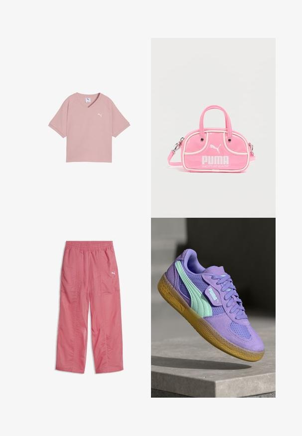 T-shirt Puma rose clair à manches courtes avec col en V, petit logo Puma blanc sur la poitrine gauche, en tissu texturé.; Pantalon de sport léger rose avec taille élastique et petit logo Puma blanc sur la cuisse gauche.; Baskets en suédine violette et en mesh avec des accents menthe, au design à lacets et à semelle en gomme texturée. Arbore le logo PUMA sur le côté.; Sac à main rose brillant avec deux poignées, accents blancs et un logo PUMA bien visible. Comprend une bandoulière amovible et une fermeture éclair.