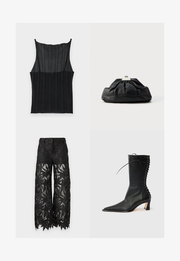 Haut noir sans manches avec des plis verticaux, réalisé en matière transparente en haut et en tissu opaque en bas.; Pantalon noir avec un motif de dentelle à feuilles, coupe large et tissu transparent. Les bords sont festonnés, mettant en valeur les détails complexes.; Bottine noire en cuir avec bout pointu, talon fin, détail à lacets à l'arrière et œillets métalliques. Texture lisse avec un design élégant.; Pochette en cuir noir avec une texture plissée, fermeture à fermoir métallique, et logo embossé discret sur le devant. Forme arrondie.
