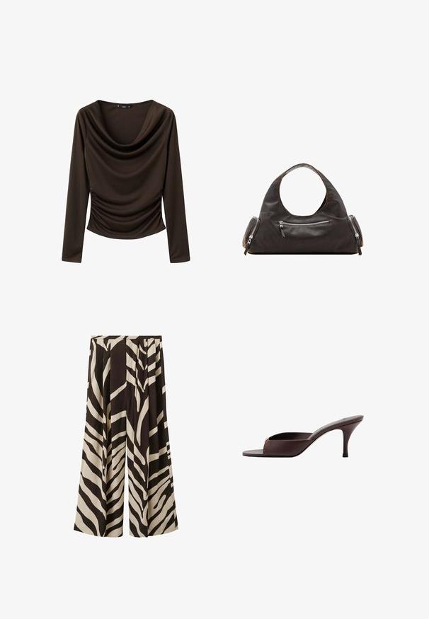 Haut à manches longues marron en tissu lisse, doté d'un col drapé et de détails froncés sur les côtés pour une texture supplémentaire.; Pantalon à jambes larges avec un imprimé zèbre noir et beige audacieux, devant plissé et taille haute.; Mule marron foncé à bout ouvert, talon bas incurvé et large bride sur l'avant.; Sac à main en cuir noir avec une poignée supérieure arrondie, deux poches latérales zippées et une texture lisse. Design légèrement souple.