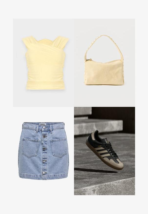 Gul ærmeløs top med krydsede stropper, rynkede detaljer og tætsiddende design. Lavet af blødt, strækbart stof.; Lys blå denim mini-sundress med fem knapper foran, to påsyede lommer, og en let slidt struktur. Mærket hedder "ONLY."; Sort og beige lædersneaker med tre hvide striber, tanfarvet gummisål og gyldent "Samba"-detalje på siden.; Lille beige læderhåndtaske med en enkelt rem og sølvnitter langs kanterne og remmen, sat mod en ensfarvet baggrund.