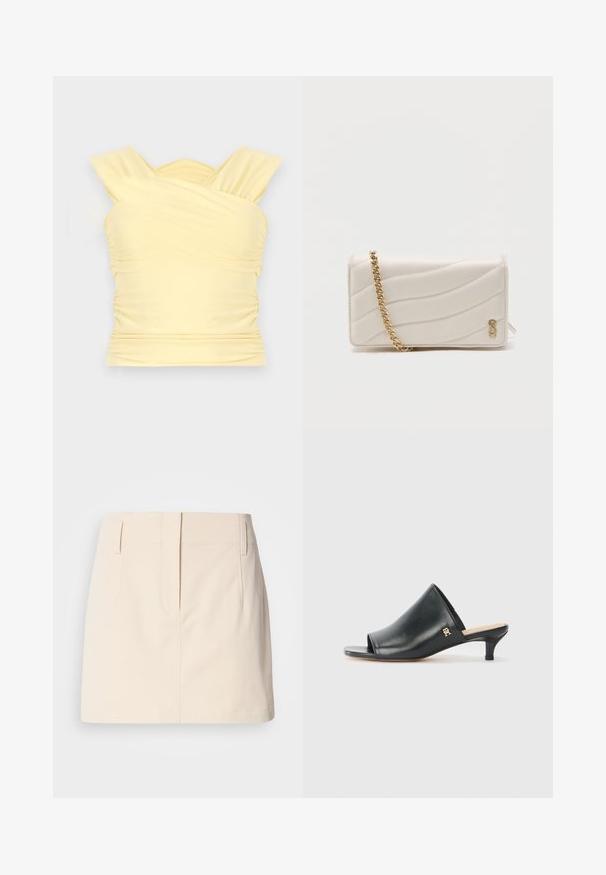 Gul ærmeløs top med krydsede stropper, rynkede detaljer og tætsiddende design. Lavet af blødt, strækbart stof.; Calvin Klein Jeans SKIRT - A-snit nederdel - fog; Sorte læder open-toe mules med en lav hæl. Har en glat overflade og et guld logo-prim på siden.; Hvid rektangulær quiltet taske med en guldkæde som skulderrem og lille guldlille logo nederst i højre hjørne.