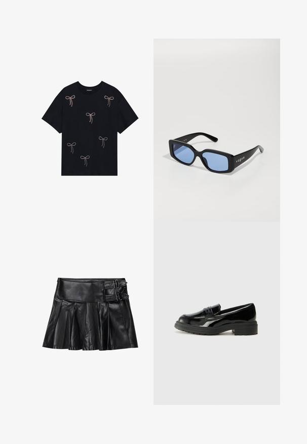T-shirt en coton noir avec plusieurs motifs de nœuds embellis de strass sur le devant. Col rond et manches courtes.; Jupe en cuir noir avec des plis, taille large et deux accents à boucle sur le côté. Texture lisse avec une finition brillante.; Mocassins en cuir verni noir avec une semelle en caoutchouc noir épaisse, présentant un empeigne cousue et une surface lisse et brillante.; Lunettes de soleil rectangulaires noires avec des verres bleus, dotées d'une monture épaisse et de la marque "vogue" en blanc sur les côtés. Fini brillant.