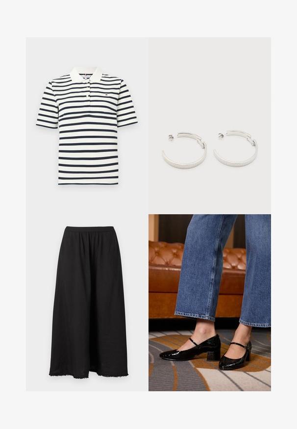 Polo de manga corta con rayas blancas y azul marino, con cuello blanco y tres botones en la parte delantera.; Pantalones negros de pierna ancha con cintura elástica y dobladillo deshilachado, exhibidos sobre un fondo liso y claro.; Zapatos de charol negros con punta afilada, tacón cuadrado y correa en el tobillo, llevados con jeans de pierna ancha, sobre una alfombra estampada.; Pendientes de aro semicírculo en tono plateado con textura acanalada y cierre de presión sobre fondo blanco.