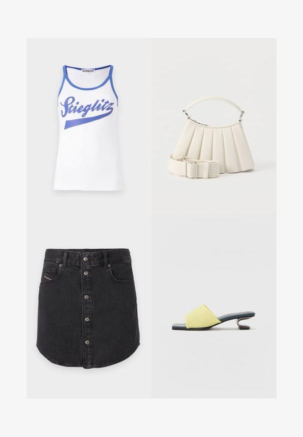 Valge tank top sinise äärega, mille esiküljel on suur sinine "Stieglitz" graafika. Valmistatud siledast, kergest kangast.; Must räbal mustast denimist, millel on eesmetallist nööbid, kaks esist pocketit, vööloopid ja kaarjas äär.; Kollane sametine muul king, millel on ruudukujuline varvas ja metalliline, kõver konts. Tallad on mustad ja siseosa on mustriga.; Valge voltidega käekott lühikese sangaga ja lai eemaldatav tekstureeritud õlarihm hõbedase pandlaga.