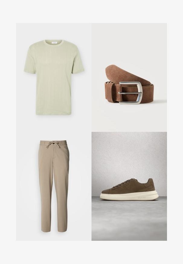 Lichtgroen kortemouwen gebreid T-shirt met ronde hals en subtiele verticale textuurpatronen.; Beige broek gemaakt van een zachte stof, met een trekkoorden taille en een ontspannen pasvorm, rechte pijpen en zonder zichtbare zakken.; Bruine suède sneaker met een crèmekleurige rubberen zool, platte veters en een logo aan de zijkant. Lichtgewicht ontwerp en gladde textuur.; Bruine suède riem opgerold met een zilverkleurige rechthoekige metalen gesp op een effen lichte achtergrond.
