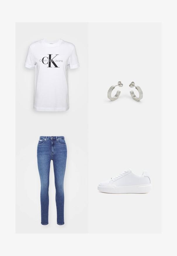 Biely bavlnený tričko s krátkymi rukávmi, na ktorom je veľké čierne logo "CK" a text "Calvin Klein Jeans" nižšie v sivej farbe.; Úzke džínsy v stredne pranej modrej riflovej tkanine. Vlastnosti zahŕňajú vysoký pás, klasický dizajn s piatimi vreckami a kovové gombíky na páse.; Biely nízky topánok s viazaním na šnúrky, hrubou podrážkou a hladkým zvrškom, zobrazený z vonkajšej strany na jednoduchom svetlom pozadí.; Strieborné kovové náušnice v tvare kruhu s textúrovaným dizajnom, s malým zarážacím zapínaním a logom na jednom kruhu. Zaoblený tvar s lesklým povrchom.