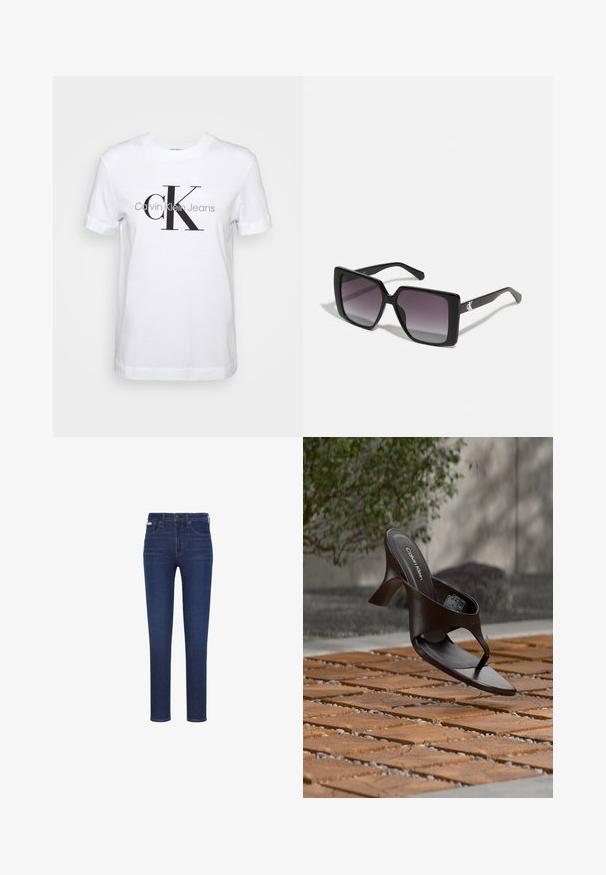 Valge puuvillane T-särk lühikeste varrukatega, millel on suur must "CK" logo ja allpool hall tekst "Calvin Klein Jeans".; Tumesinised kitsad teksad esitaskute, vööaasade ja nööpidega sulgemisega, valgel taustal kuvada.; Pruun Calvin Kleini kontsaga varbavahe-sandaal rippumas puidust plaadi ja kruusa peal õues, taustal udune rohelus ja kivimüür.; Mustad mustad päikeseprillid, millel on gradient hallid läätsed. Läikivad raami, millel on puhtad jooned. Hõbedane logo aktsent templitel.