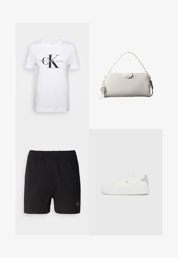 Witte katoenen t-shirt met korte mouwen, voorzien van een groot zwart "CK" logo en de tekst "Calvin Klein Jeans" eronder in het grijs.; Zwarte katoenen shorts met een elastische tailleband en het Calvin Klein-logo in zilver in de rechteronderhoek. Gladde textuur.; Witte canvas sneakers met een dikke witte zool, voorzien van een metallic zilveren accent op de hiel en een subtiel logo detail aan de zijkant.; Witte rechthoekige Calvin Klein handtas met enkele handgreep, minimalistisch ontwerp en decoratieve kwastjes met geometrische metalen hanger aan de zijkant.
