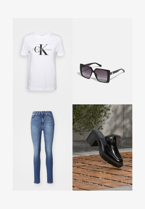 Biely bavlnený tričko s krátkymi rukávmi, na ktorom je veľké čierne logo "CK" a text "Calvin Klein Jeans" nižšie v sivej farbe.; Slim rifle v stredne modrom denime, s vysokým pásom, piatimi vreckami a jemným vyblednutím. Šité lemovanie s bežným zapínaním na gombík a zips.; Čierne kožené šľapky Calvin Klein s blokovým podpätkom, ktoré oddychujú na drevených dlaždiciach vonku blízko zelenej rastliny a šedej steny.; Čierne slnečné okuliare v štvorcovom tvare so sivými gradientovými šošovkami. Lesklé rámy s čistými líniami. Strieborný logotyp ako akcent na nožičkách.