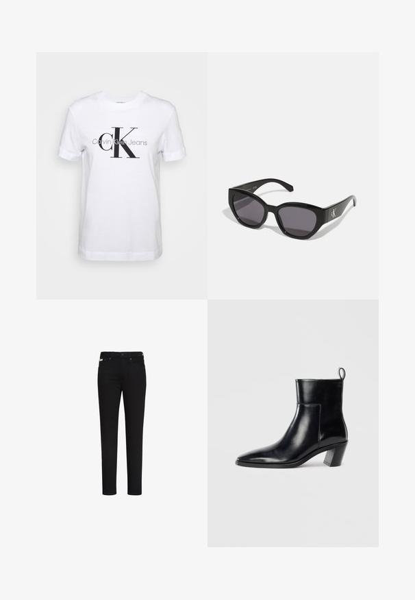 Biely bavlnený tričko s krátkymi rukávmi, na ktorom je veľké čierne logo "CK" a text "Calvin Klein Jeans" nižšie v sivej farbe.; Čierne slim fit rifle s predným gombíkom a zipsom, s prednými a zadnými vreckami a malou etiketu na pravom prednom vrecku.; Čierna kožená členková čižma s špicatou špičkou, geometricky tvarovaným podpätkom a pútkom na zadnej strane. Hladká textura a elegantný dizajn.; Čierne slnečné okuliare so štýlovým, uhlyzovaným dizajnom, tmavými sklami a kontrastným strieborným logom po stranách. Hladká plastová textura.