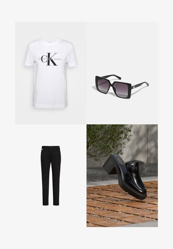 Valge puuvillane T-särk lühikeste varrukatega, millel on suur must "CK" logo ja allpool hall tekst "Calvin Klein Jeans".; Mustad kitsad teksapüksid ees nupuga ja tõmblukuga, esikülje ja tagakülje taskud ning väike silt paremal esimesel taskul.; Mustast nahast Calvin Kleini slip-on mules, millel on plokk-konts, toetub puitplaatidele õues, lähedal rohelisele taimele ja hallile seinale.; Mustad mustad päikeseprillid, millel on gradient hallid läätsed. Läikivad raami, millel on puhtad jooned. Hõbedane logo aktsent templitel.