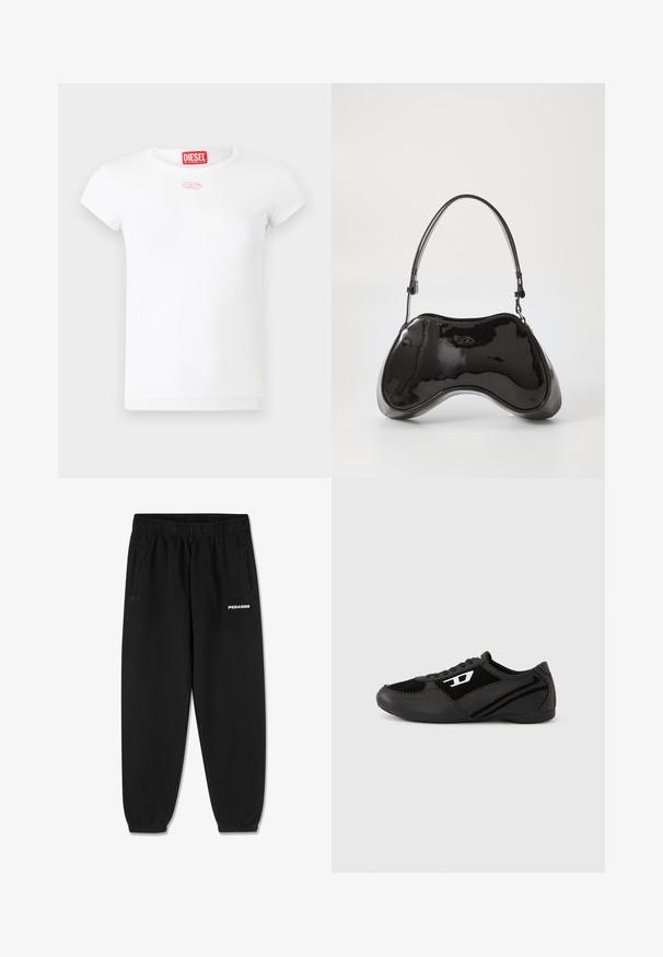 Hvid kortærmet Diesel dame t-shirt med rød logomærke indeni kraven og et lille pink broderet emblem under halsudskæringen.; Sorte sweatpants lavet af blødt stof, med snoretræk i taljen, tætsiddende ben og sidelommer. "PEGADOR" logo i hvid på fronten.; Sorte atletik sko med ruskind og syntetisk overdel, med et struktureret design, rundet tå og flad sål. Sølvfarvet logo på siden.; Sort patentlæder håndtaske med en unik buet form, kort justerbar hank og en lynlåslukning i toppen. Glat tekstur med diskret branding.