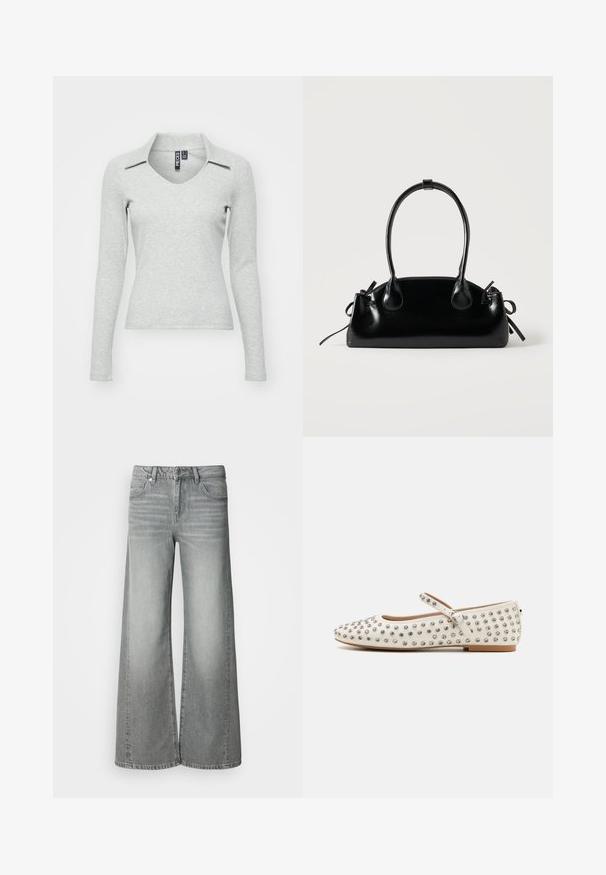 Lys grå langærmet V-hals bluse med krave, lavet af blødt, struktureret stof, der har en tætsiddende pasform og minimal detaljer.; Højtbuxede grå vide jeans med frontknap og lynlås, for- og baglommer, vist på en ensfarvet hvid baggrund.; Hvide flade sko med en rund tå, prydet med sølvnitter, med en dekorativ rem over vristen og en lav hæl.; Lille sort blank håndtaske med to lange håndtag og snøre-detaljer i siden på en ensfarvet lys baggrund.