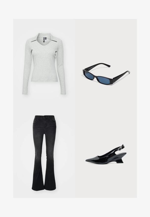 Lys grå langærmet V-hals bluse med krave, lavet af blødt, struktureret stof, der har en tætsiddende pasform og minimal detaljer.; Sorte bell-bottom jeans lavet af denim, med en høj talje, frontlommer, knaplukning og en ren finish ved kanten.; Sort laklæder slingback sko med spids tå og lav vinklet blokhæl på ensartet lys baggrund.; Sorte solbriller med en slank rektangulær ramme og blå linser. Har en glat overflade og robuste stænger. Mærkets logo på siden.