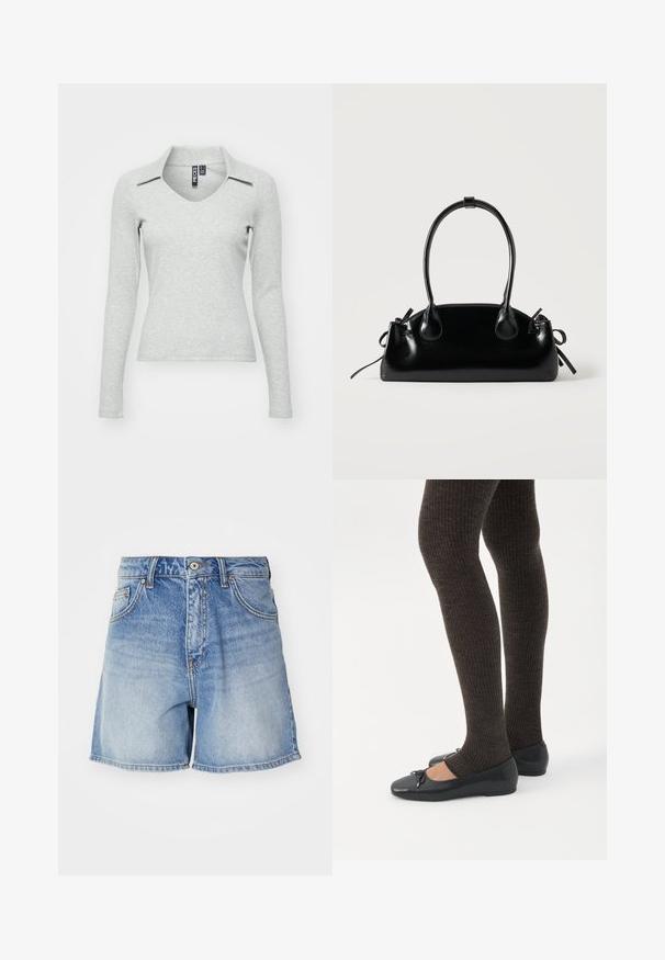 Top de manga larga en un gris claro, con escote en V y cuello, fabricado en un suave tejido texturizado que presenta un diseño ajustado y un detalle mínimo.; Shorts de mezclilla de color azul claro con un acabado desgastado, que cuentan con una cintura alta, cinco bolsillos y costuras visibles a lo largo del dobladillo.; Piernas con leggings oscuros acanalados combinados con bailarinas negras que presentan pequeños detalles de lazo sobre un fondo blanco.; Pequeño bolso negro brillante con dos asas largas y detalles de cordón lateral sobre un fondo claro liso.