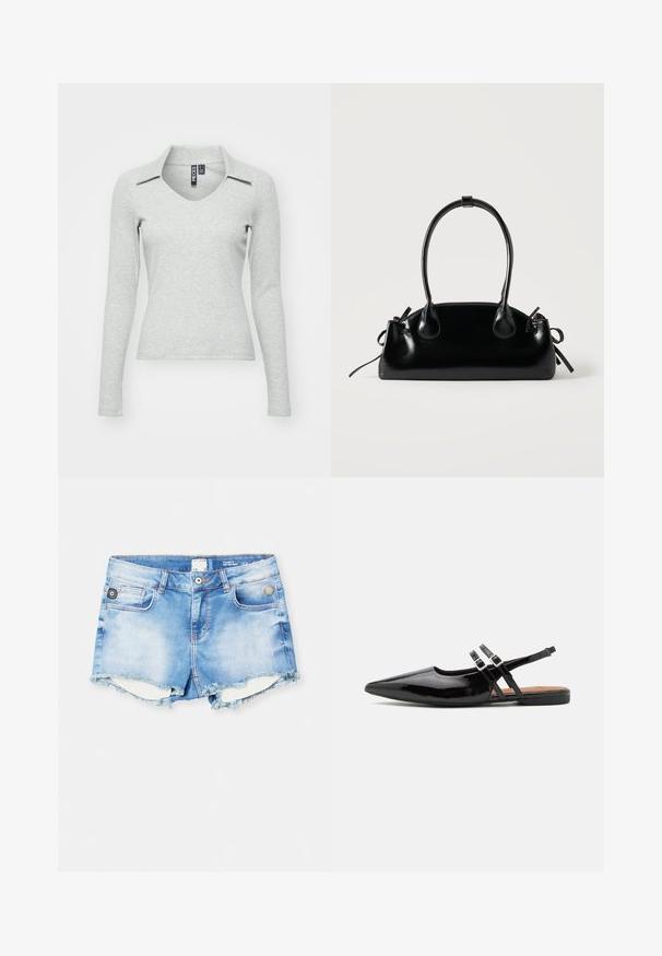 Haut gris clair à manches longues, en V avec col, fabriqué dans un tissu doux et texturé, présentant une coupe ajustée et un minimum de détails.; Short en denim bleu clair avec ourlet effiloché, design à cinq poches et accents en métal argenté sur la taille avant et les poches.; Des chaussures slingbacks en cuir verni noir présentent un bout pointu, deux sangles avec des accents de boucle, et une semelle plate.; Petit sac à main noir brillant avec deux longues anses et des détails à cordon sur les côtés sur un fond clair uni.
