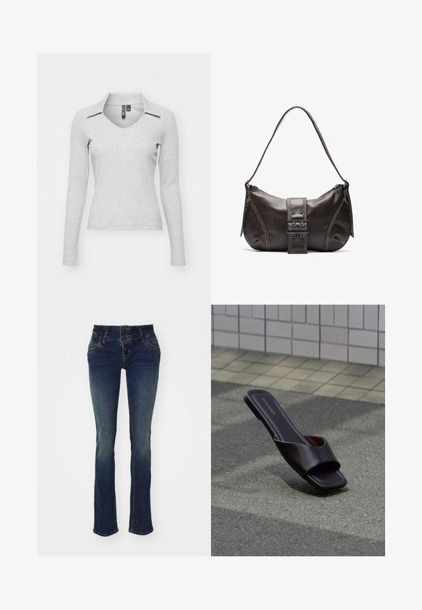 Top de manga larga en un gris claro, con escote en V y cuello, fabricado en un suave tejido texturizado que presenta un diseño ajustado y un detalle mínimo.; Jeans azul oscuro de corte ajustado, con una cinturilla de doble botón, cinco bolsillos y una textura ligeramente desvanecida en los muslos.; Sandalia tipo slide de cuero marrón oscuro con punta cuadrada y tiras anchas, descansando sobre asfalto gris cerca de una acera adoquinada.; Bolso de hombro de cuero marrón con forma curva, que presenta un prominente detalle de hebilla, costuras en contraste y una sola correa para el hombro.