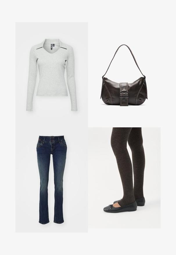Top de manga larga en un gris claro, con escote en V y cuello, fabricado en un suave tejido texturizado que presenta un diseño ajustado y un detalle mínimo.; Jeans azul oscuro de corte ajustado, con una cinturilla de doble botón, cinco bolsillos y una textura ligeramente desvanecida en los muslos.; Piernas con leggings oscuros acanalados combinados con bailarinas negras que presentan pequeños detalles de lazo sobre un fondo blanco.; Bolso de hombro de cuero marrón con forma curva, que presenta un prominente detalle de hebilla, costuras en contraste y una sola correa para el hombro.