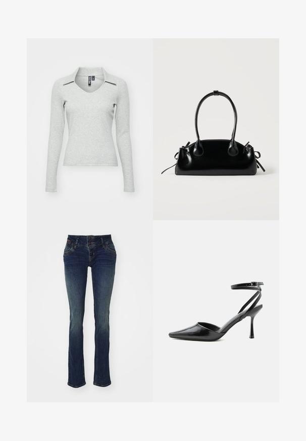 Top de manga larga en un gris claro, con escote en V y cuello, fabricado en un suave tejido texturizado que presenta un diseño ajustado y un detalle mínimo.; Jeans azul oscuro de corte ajustado, con una cinturilla de doble botón, cinco bolsillos y una textura ligeramente desvanecida en los muslos.; Zapato de tacón alto negro de punta fina con delgadas correas en el tobillo y cierre de hebilla plateada sobre un fondo liso claro.; Pequeño bolso negro brillante con dos asas largas y detalles de cordón lateral sobre un fondo claro liso.