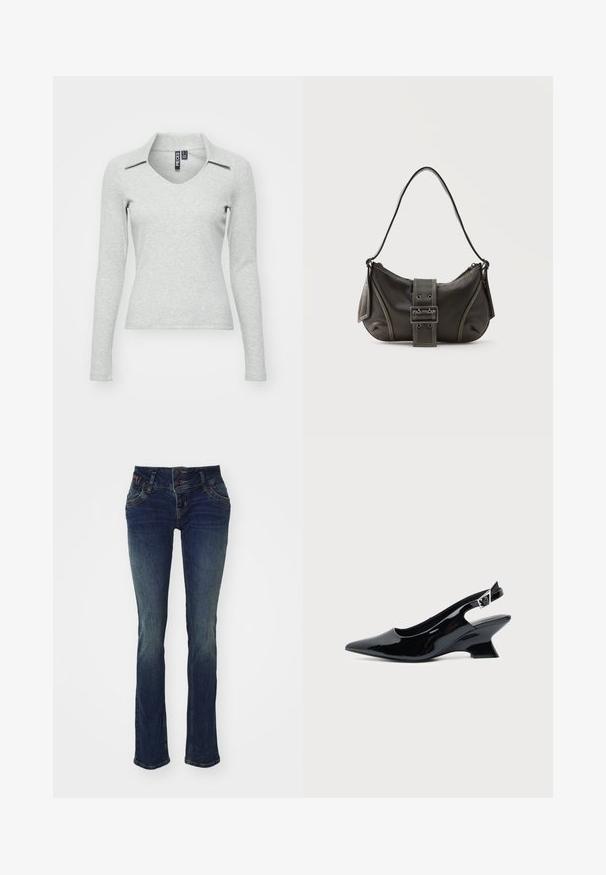 Top de manga larga en un gris claro, con escote en V y cuello, fabricado en un suave tejido texturizado que presenta un diseño ajustado y un detalle mínimo.; Jeans azul oscuro de corte ajustado, con una cinturilla de doble botón, cinco bolsillos y una textura ligeramente desvanecida en los muslos.; Zapato slingback de cuero charol negro con puntera puntiaguda y tacón bajo en bloque inclinado sobre fondo claro liso.; Bolso de hombro de cuero negro con detalle de correa con hebilla, bordes curvos y costuras blancas en contraste sobre un fondo liso.