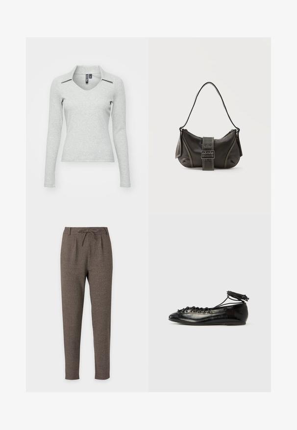 Top de manga larga en un gris claro, con escote en V y cuello, fabricado en un suave tejido texturizado que presenta un diseño ajustado y un detalle mínimo.; Pantalones marrones entallados con cintura de cordón y trabillas, hechos de tela texturizada, mostrados sobre un fondo blanco sencillo.; Zapatos planos tipo ballet de charol negro con punta redondeada, diseño con cordones y suela plana. Textura lisa con detalles mínimos.; Bolso de hombro de cuero negro con detalle de correa con hebilla, bordes curvos y costuras blancas en contraste sobre un fondo liso.
