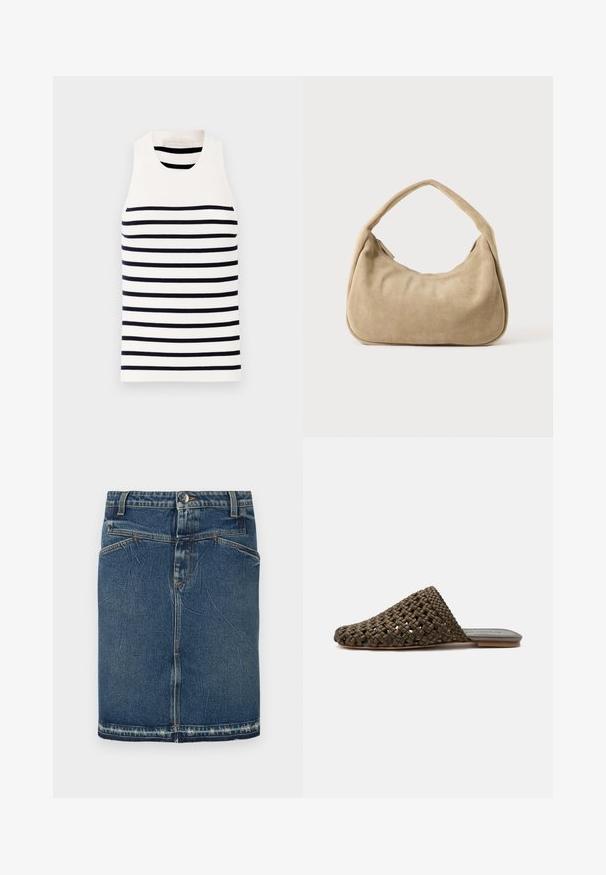 Vanessa Bruno EDEA - Top - ecru/marine; Denimrok met een klassieke blauwe wassing, vijfzakkenontwerp en rafelige zoom. Sluit met een knoop en ritssluiting aan de voorkant.; Bruine geweven instap mule met een platte zool en gesloten afgeronde neus op een witte achtergrond.; Kleine beige suède schoudertas met een zacht, gebogen ontwerp en een enkele dikke schouderband tegen een effen achtergrond.