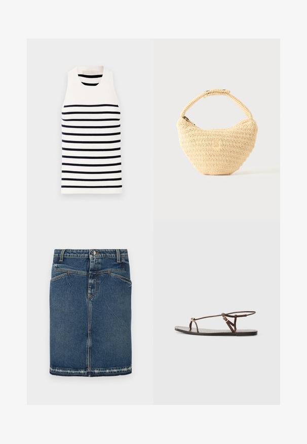 Vanessa Bruno EDEA - Top - ecru/marine; Denimrok met een klassieke blauwe wassing, vijfzakkenontwerp en rafelige zoom. Sluit met een knoop en ritssluiting aan de voorkant.; Bruine leren sandaal met dunne banden, een gouden cirkelaccent en een platte zool. Minimalistisch ontwerp met een verstelbare gesp.; Beige geweven handtas met afgerond lichaam, ritssluiting en een korte, dikke band in een eenvoudige, gestructureerde haakstijl.